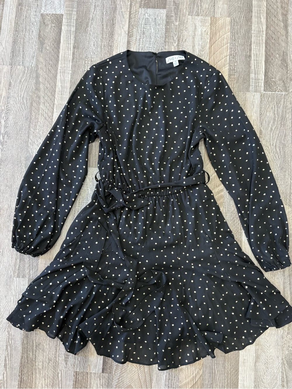 She + Sky Black Polka Dot Long-Sleeve Tie-Waist Dress Small​ - Picture 2 of 5